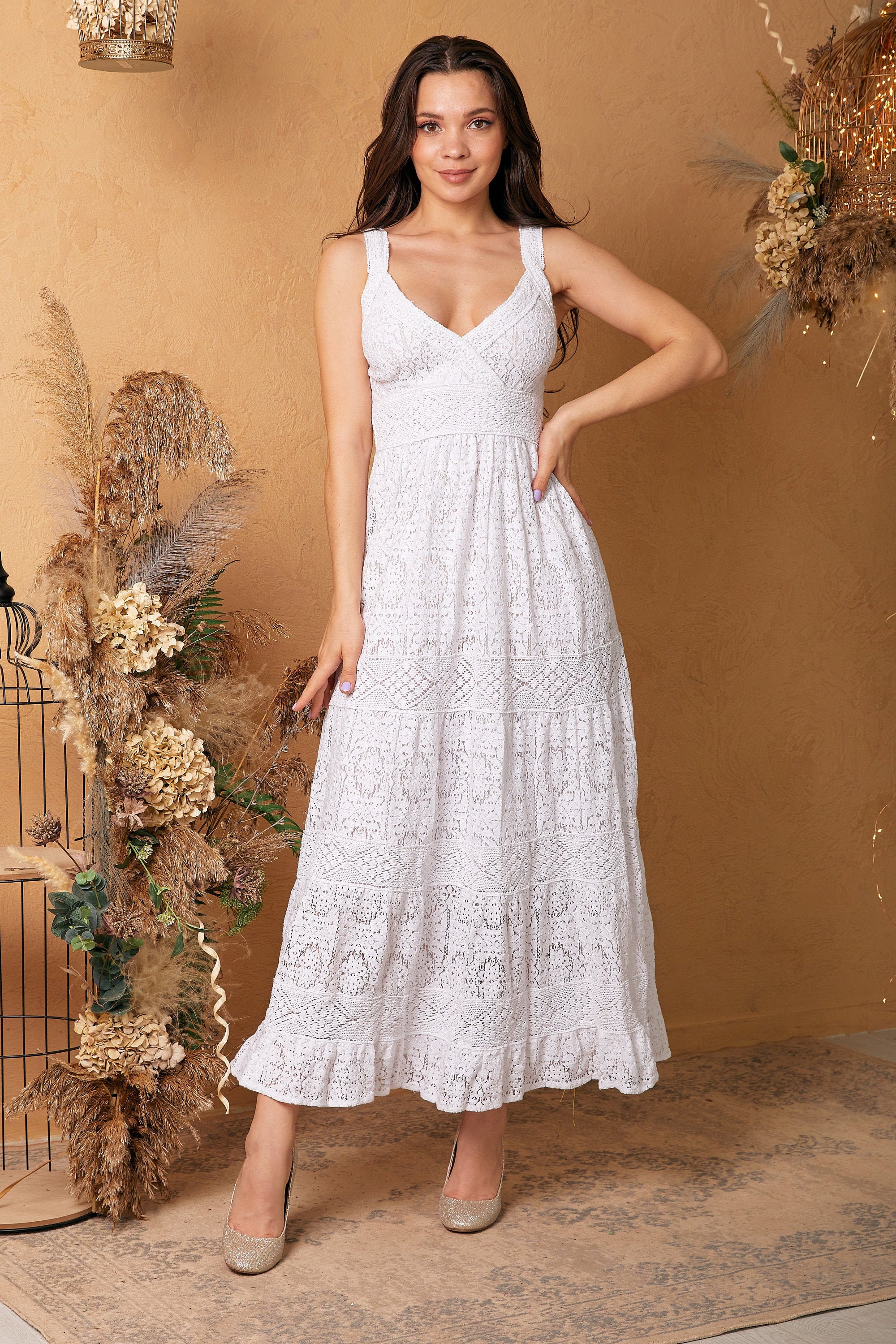 White Cotton Lace Sundress Beach Wedding Dress Boho Summer Etsy Canada 