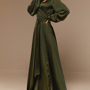 Dark Olive Green Silk Maxi Full Wrap Dress Plus Size Flared Bridesmaid ...