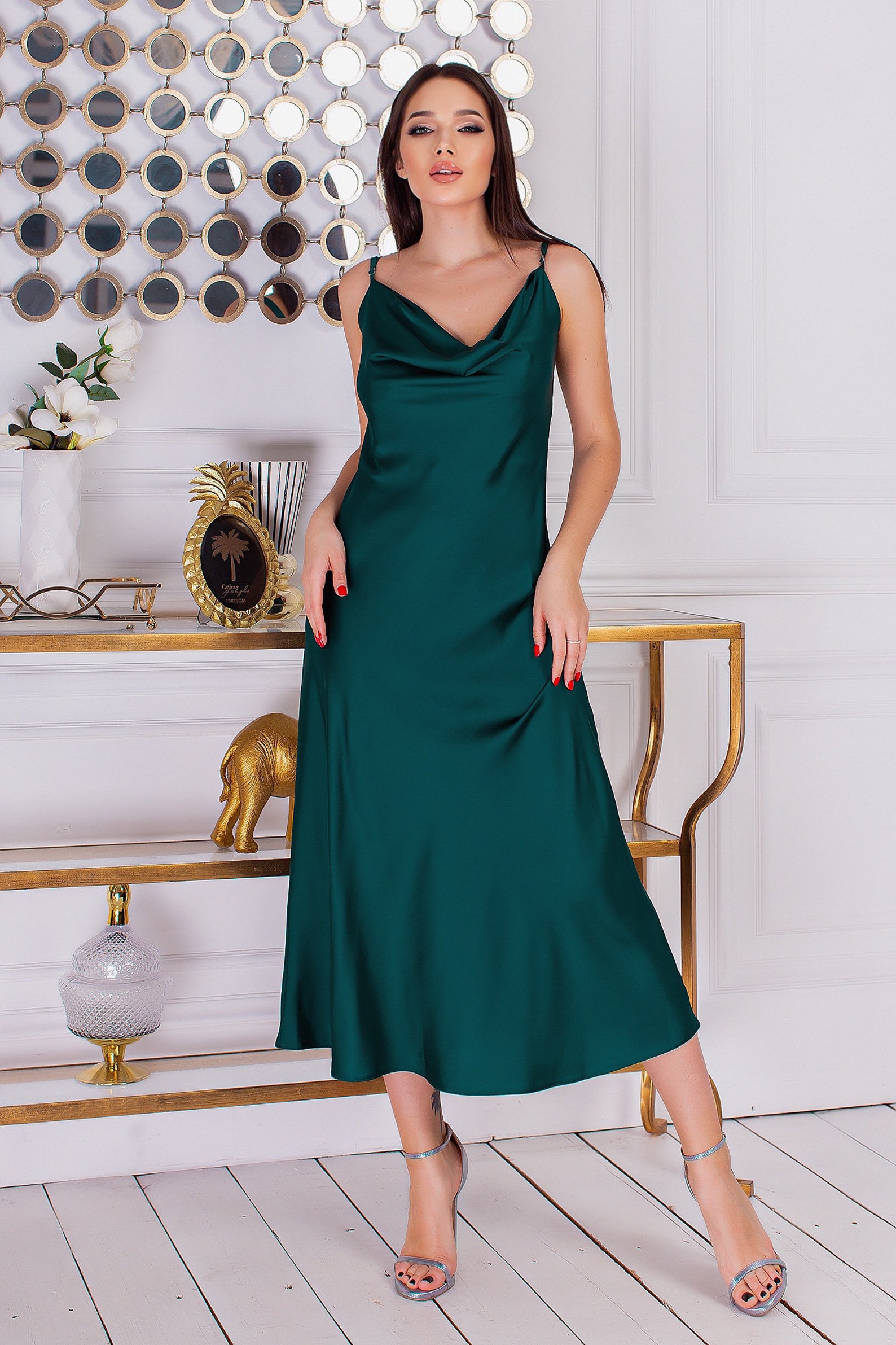 Emerald Green Silk Slip Midi Dress Cowl Neck Summer Silk Dress | Etsy