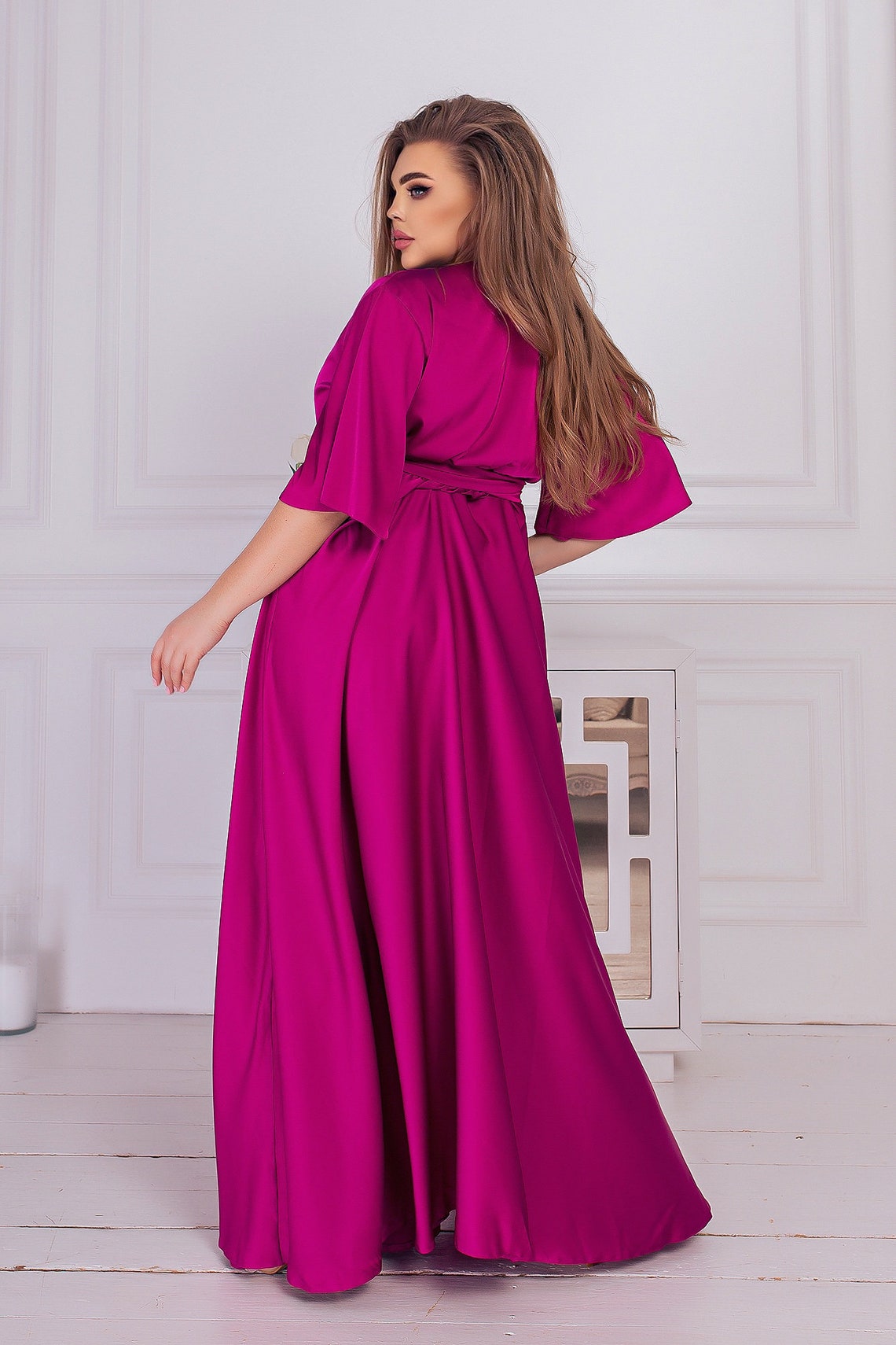 Magenta Silk Bridesmaid Dress Short Sleevepurple Satin Maxi | Etsy