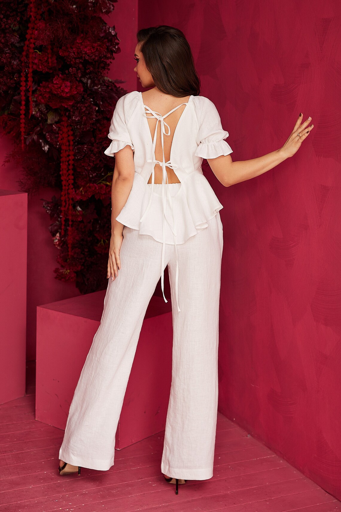White Wedding Linen Pant Suit for Women Summer Linen Set