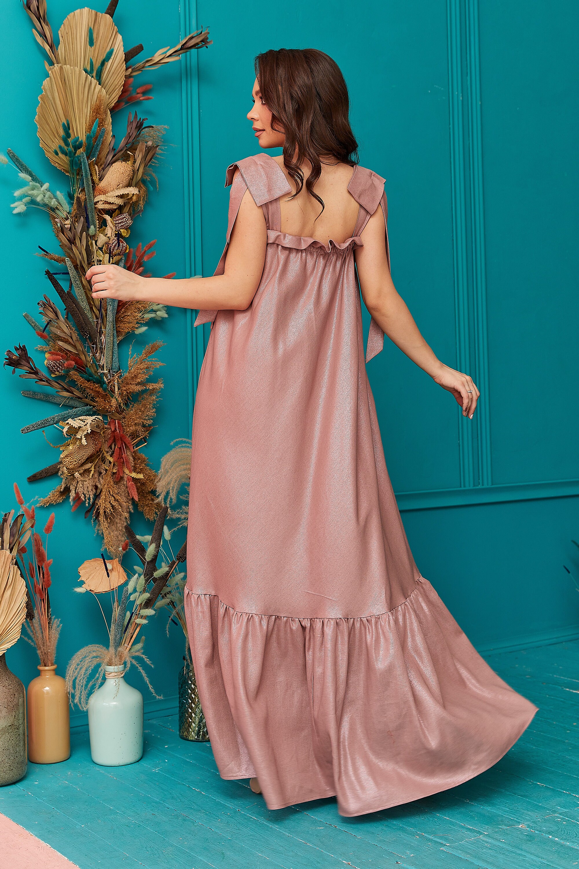 Rose Gold Linen Sundress Maxi Summer Linen Dress Loose Linen Etsy