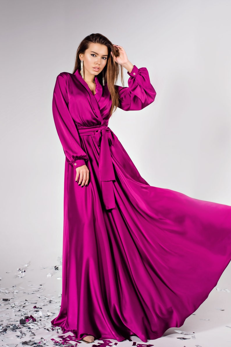 Magenta Silk Bridesmaid Dress Long Sleeve,Purple Satin Maxi Gown