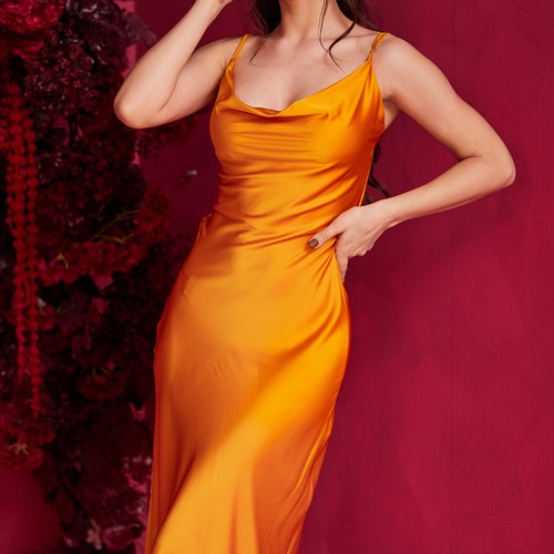 Silk Slip Dress With Cowl Neck Orange Midi Silk Satin Dress Etsy