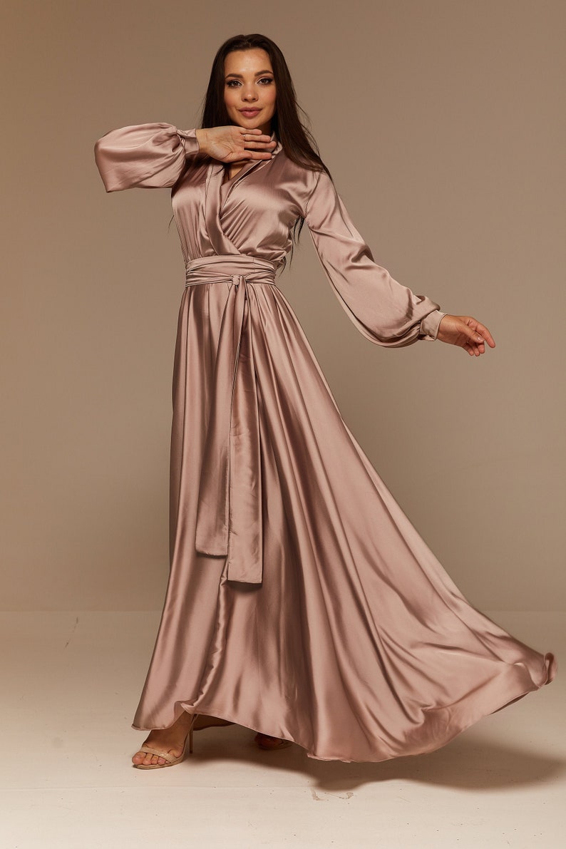 Cappuccino Rose Silk Bridesmaid Dress Long Sleeve, Silk Flared Dress, Maxi Prom Dress 
