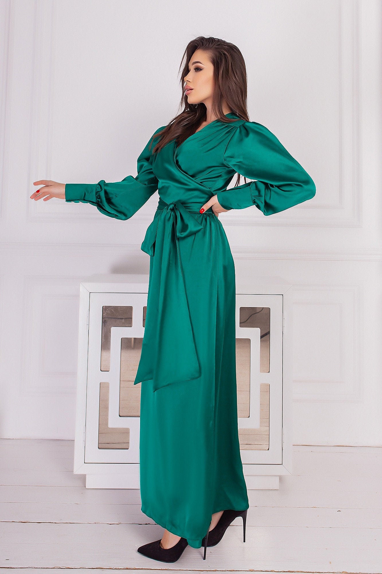 emerald green satin maxi dress