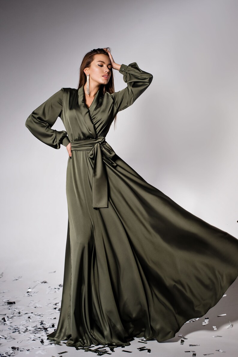 Olive Satin Silk Flared Jurk Bridesmaid Dress Maxi | Etsy
