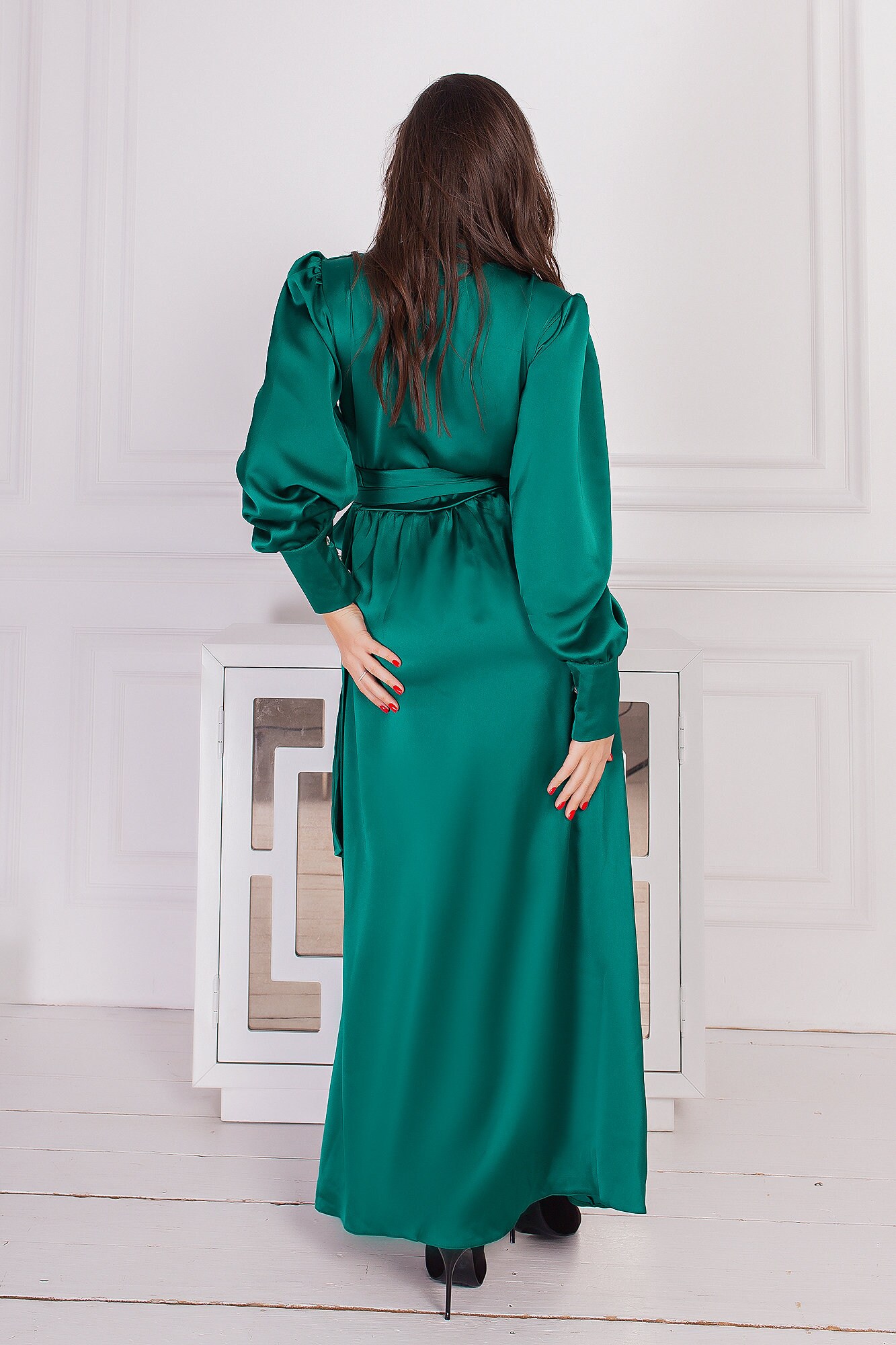 Emerald Green Satin Maxi Dress Long Sleeves Wrap Evening Dress Etsy