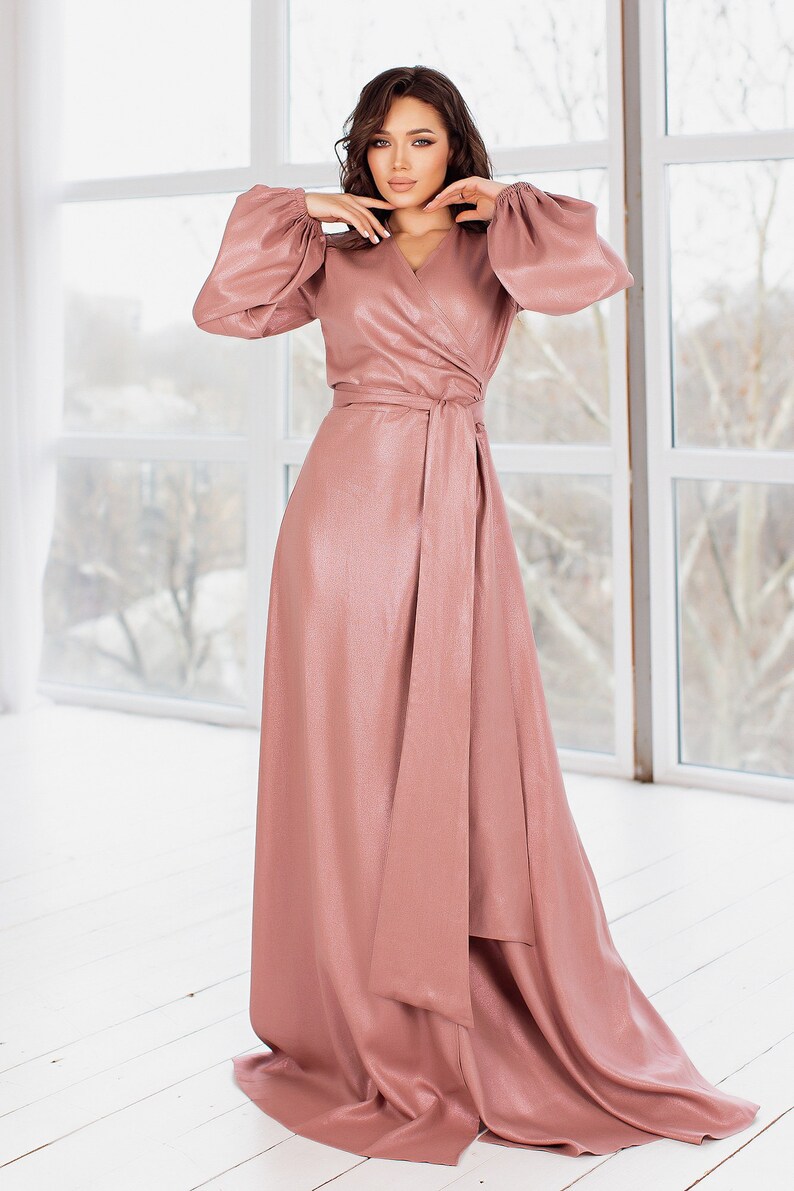 Rose Gold Linen Wrap Dress Long Sleeve Floor Length Etsy