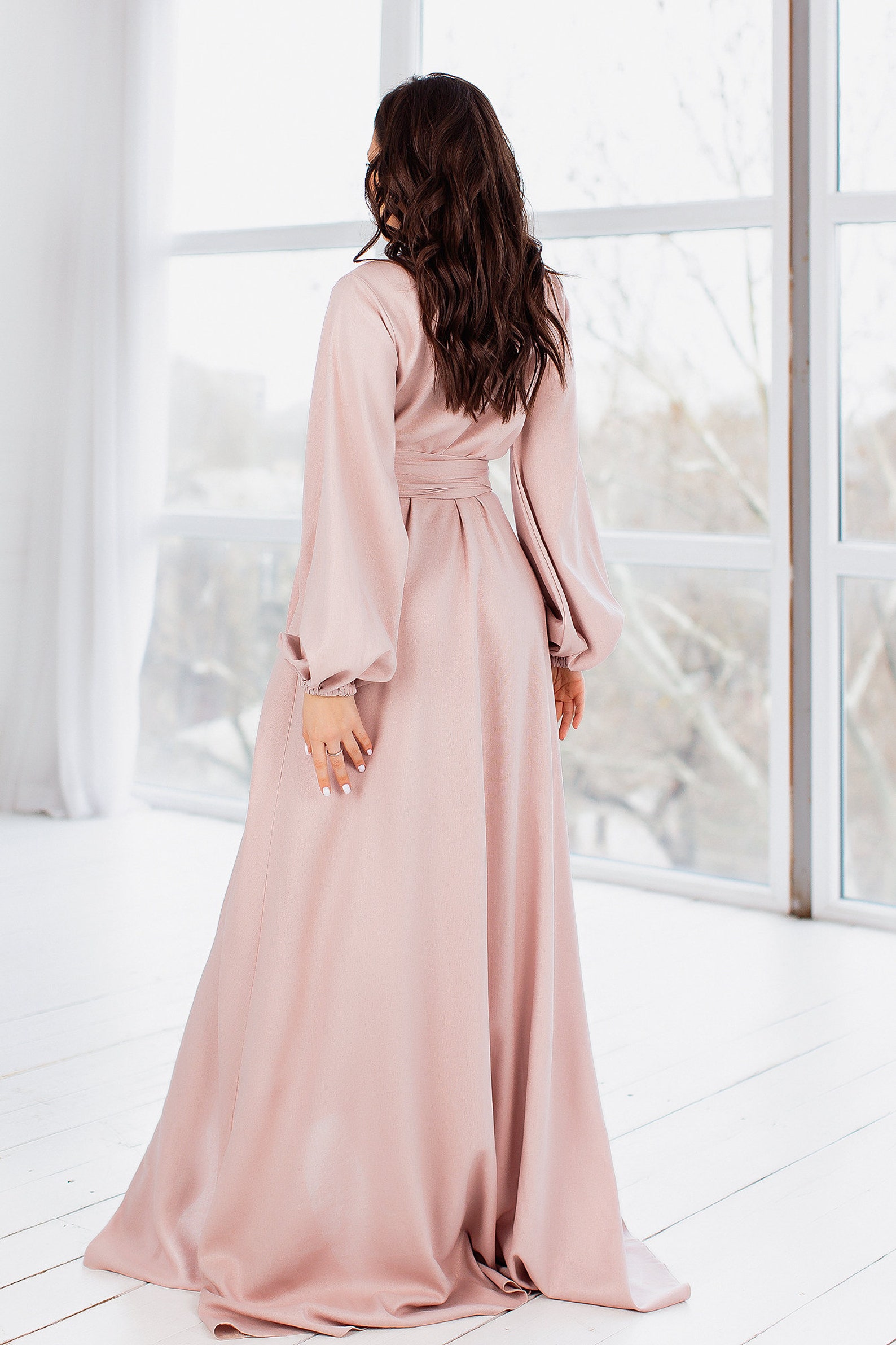 Blush Pink Linen Wrap Dress Long Sleeve Floor Length Etsy