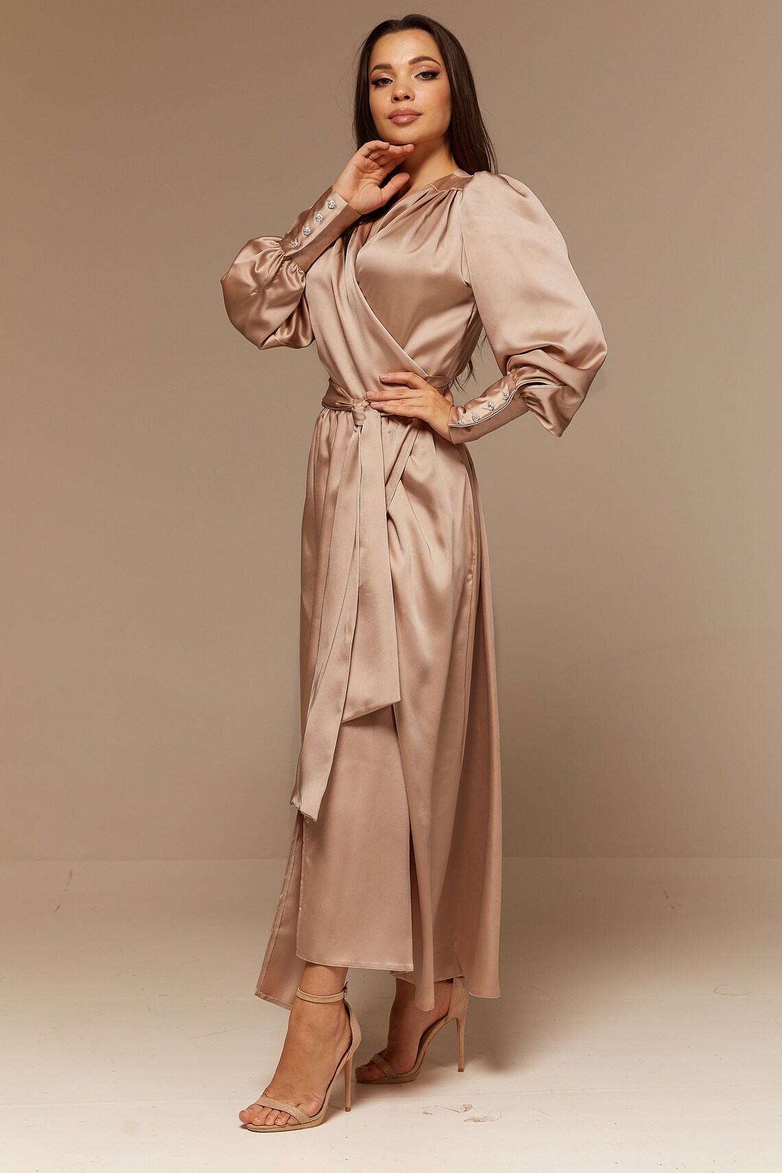 Beige Satin Maxi Full Wrap Dress with Long Sleeves Bridesmaid | Etsy