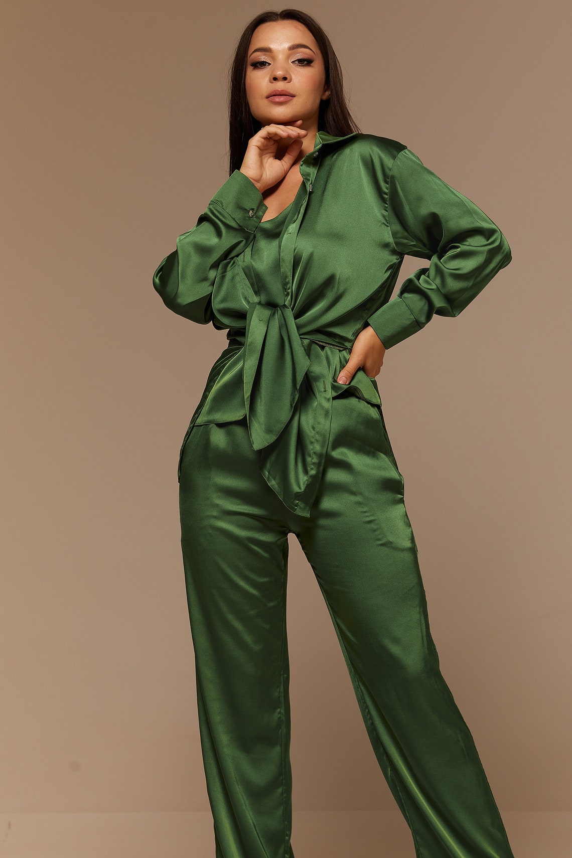 Moss Green Silk Pant Suit for Women Satin Three Piece Summer | Etsy