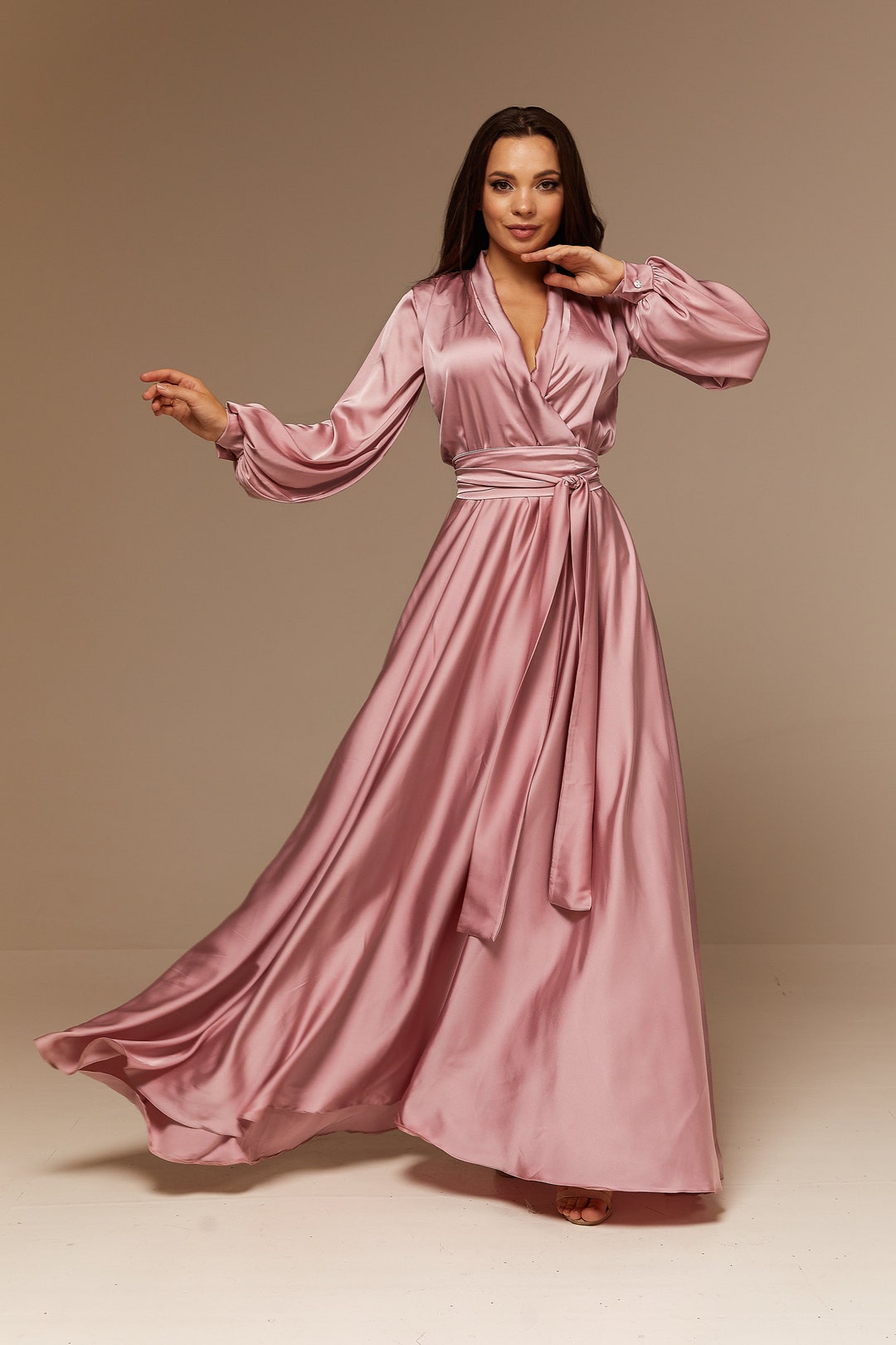 Blush Pink Silk Bridesmaid Dress Long Sleeve Silk Flared Dress Maxi Prom Dress Etsy