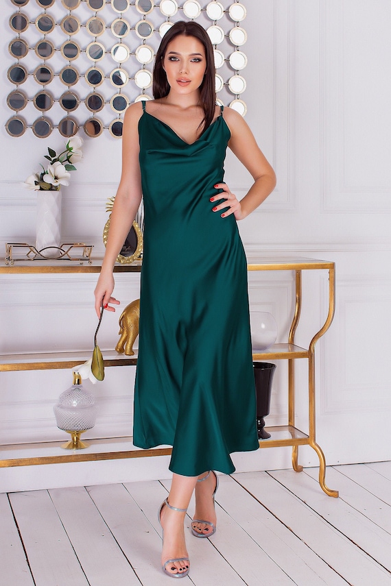 Emerald Green Silk Slip Midi Dress Cowl Neck Summer Silk Dress - Etsy