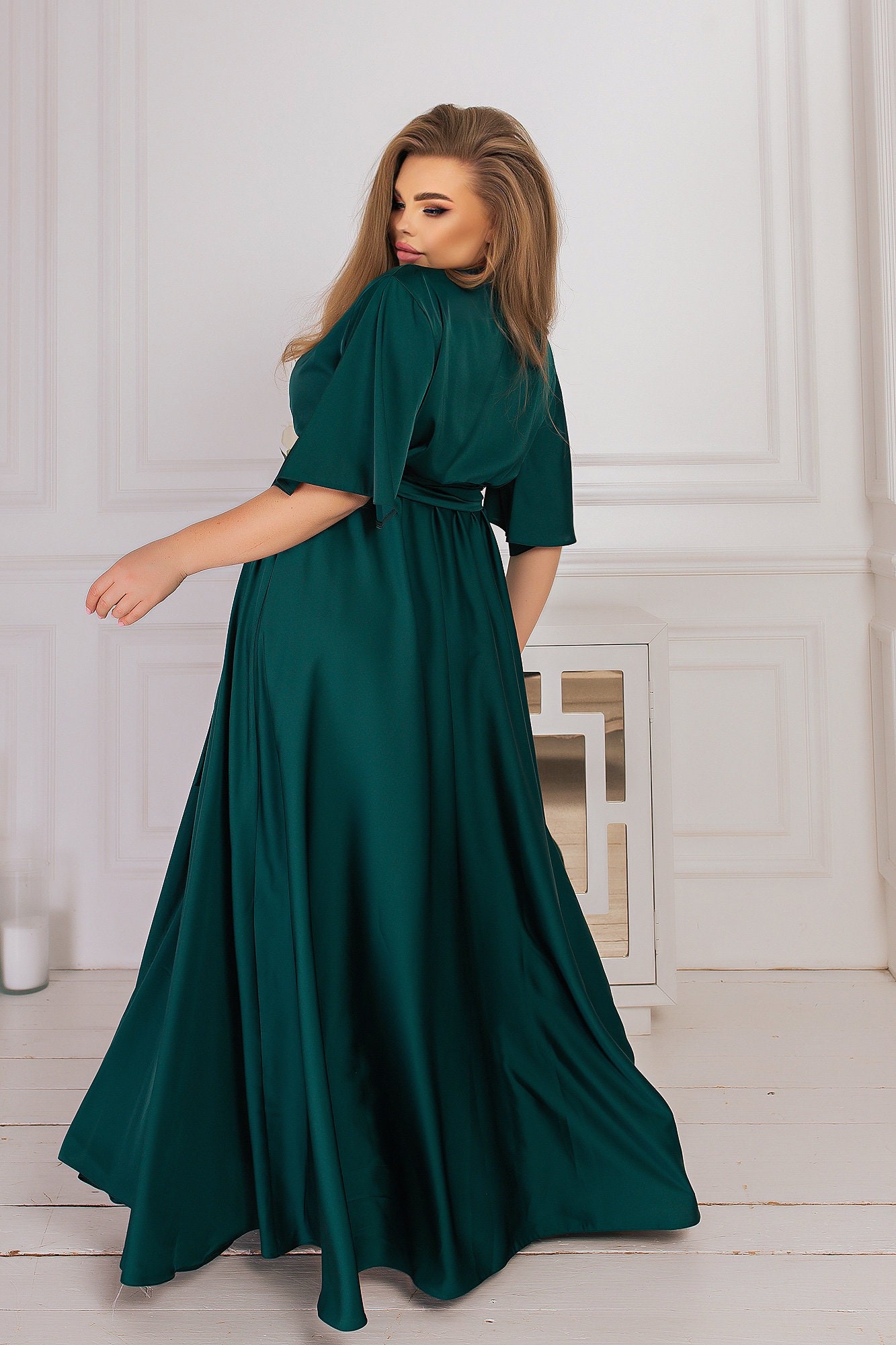 Emerald Green Silk Dress Maxi Short Sleeves Bridesmaid Dress - Etsy