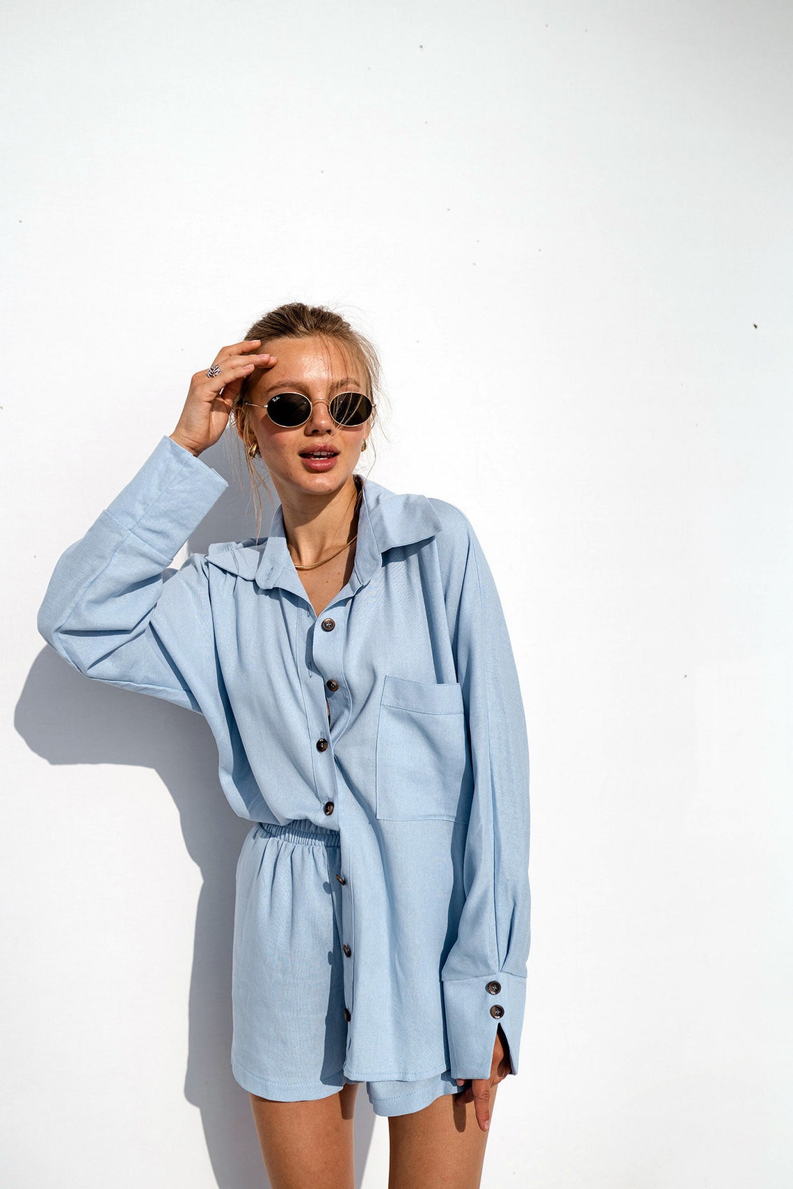 Light Blue Linen Shorts Suit for Women Summer Two Piece Set Etsy