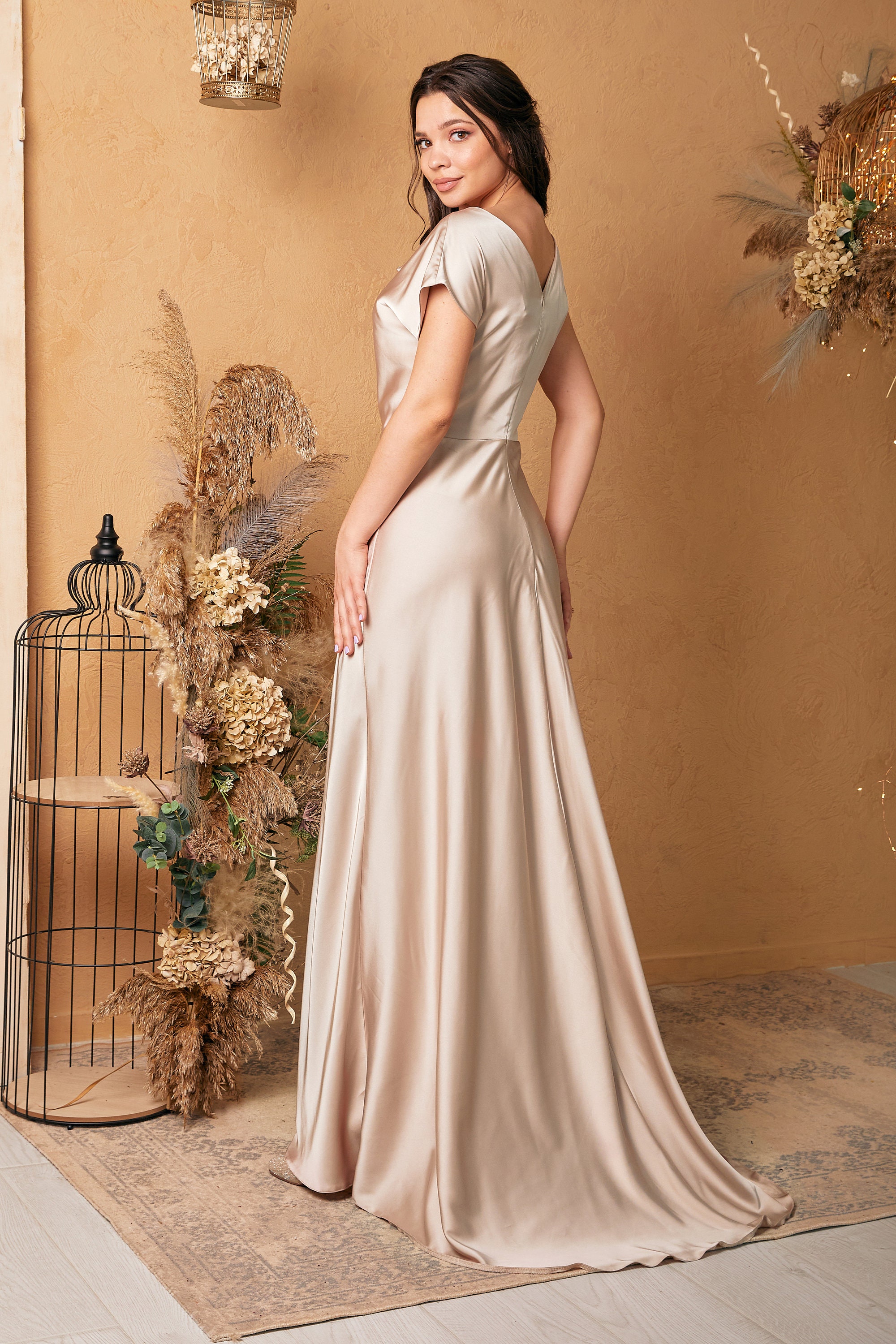 Champagne Silk Maxi Dress With Train Beige Bridesmaid Dress Etsy UK