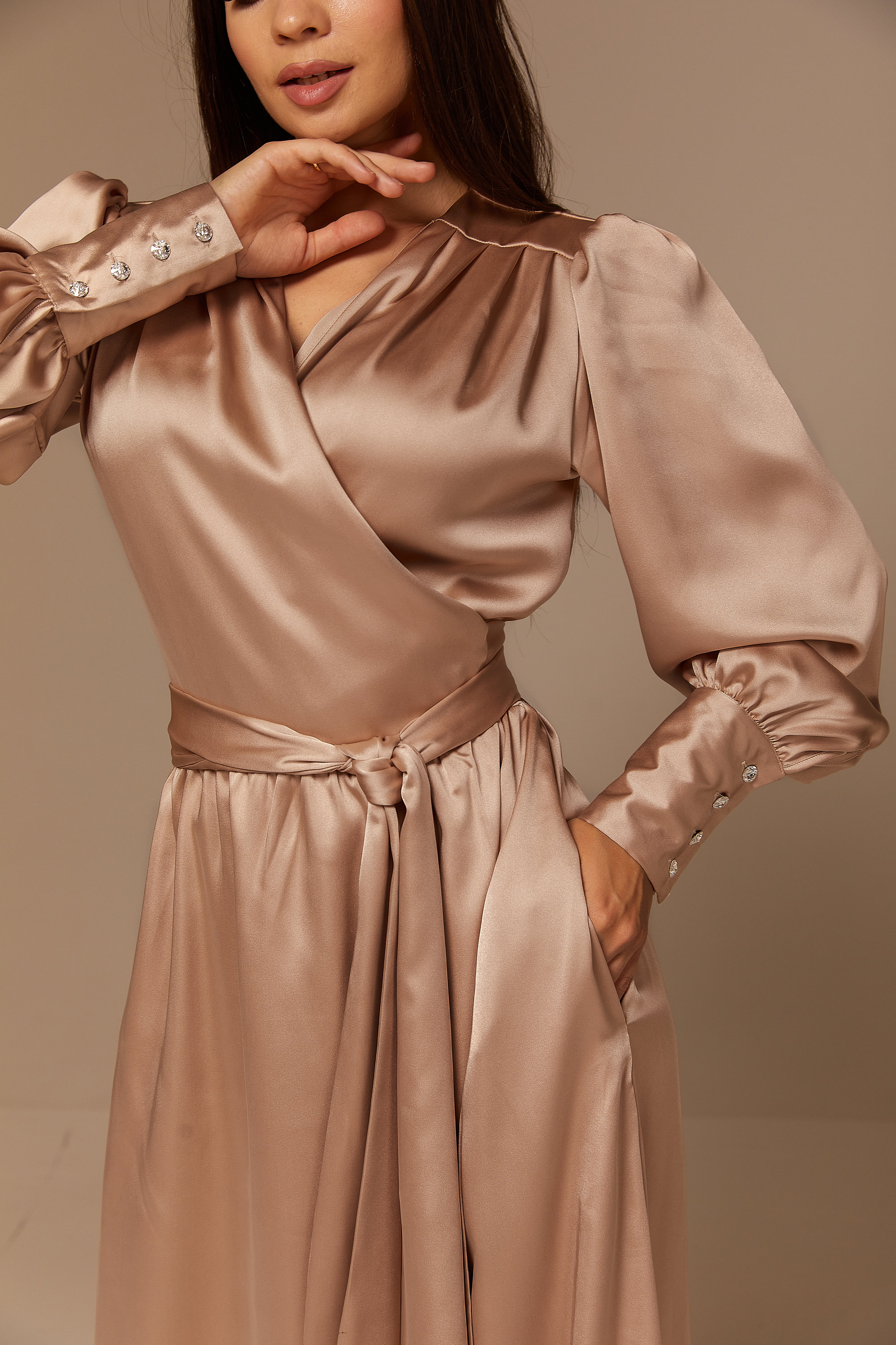 Beige Satin Maxi Full Wrap Dress With Long Sleeves Bridesmaid Etsy