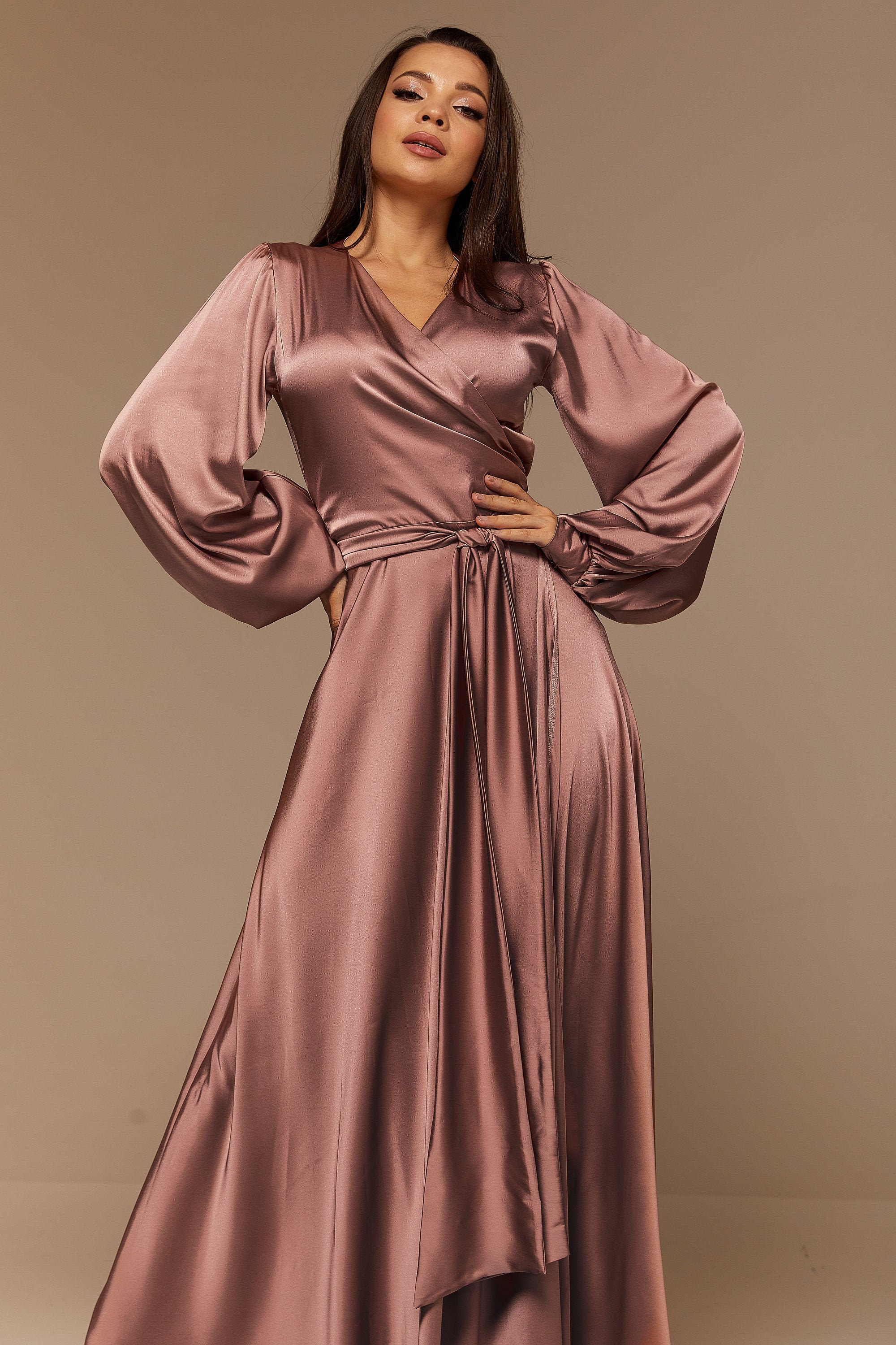 Rose Gold Silk Wrap Flared Dress Long ...