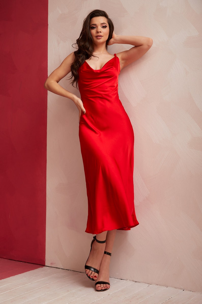 Red Silk Slip Dress Cowl NeckMidi Silk DressBridesmaid Dress image 1