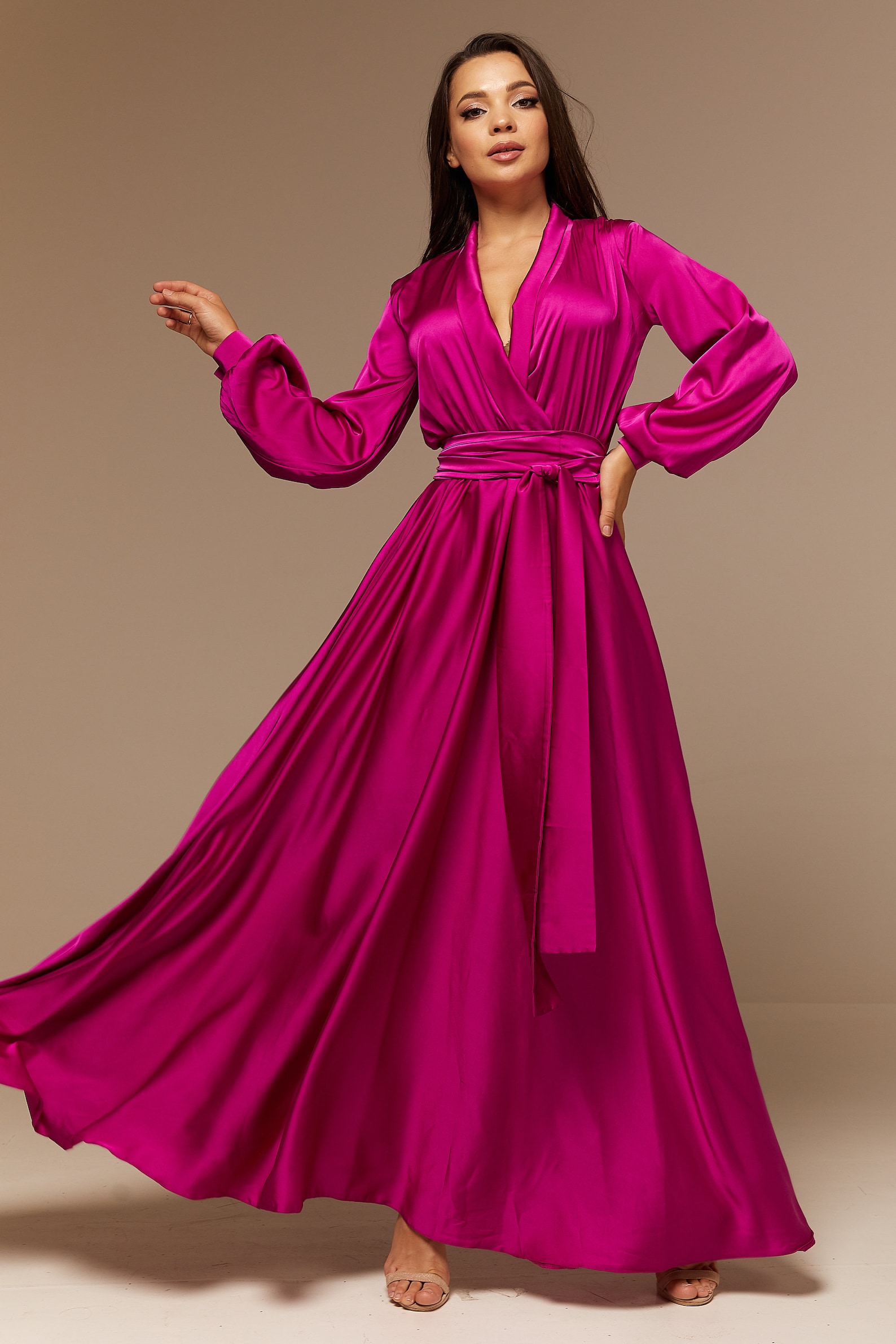 Magenta Silk Bridesmaid Dress Long Sleevepurple Satin Maxi - Etsy