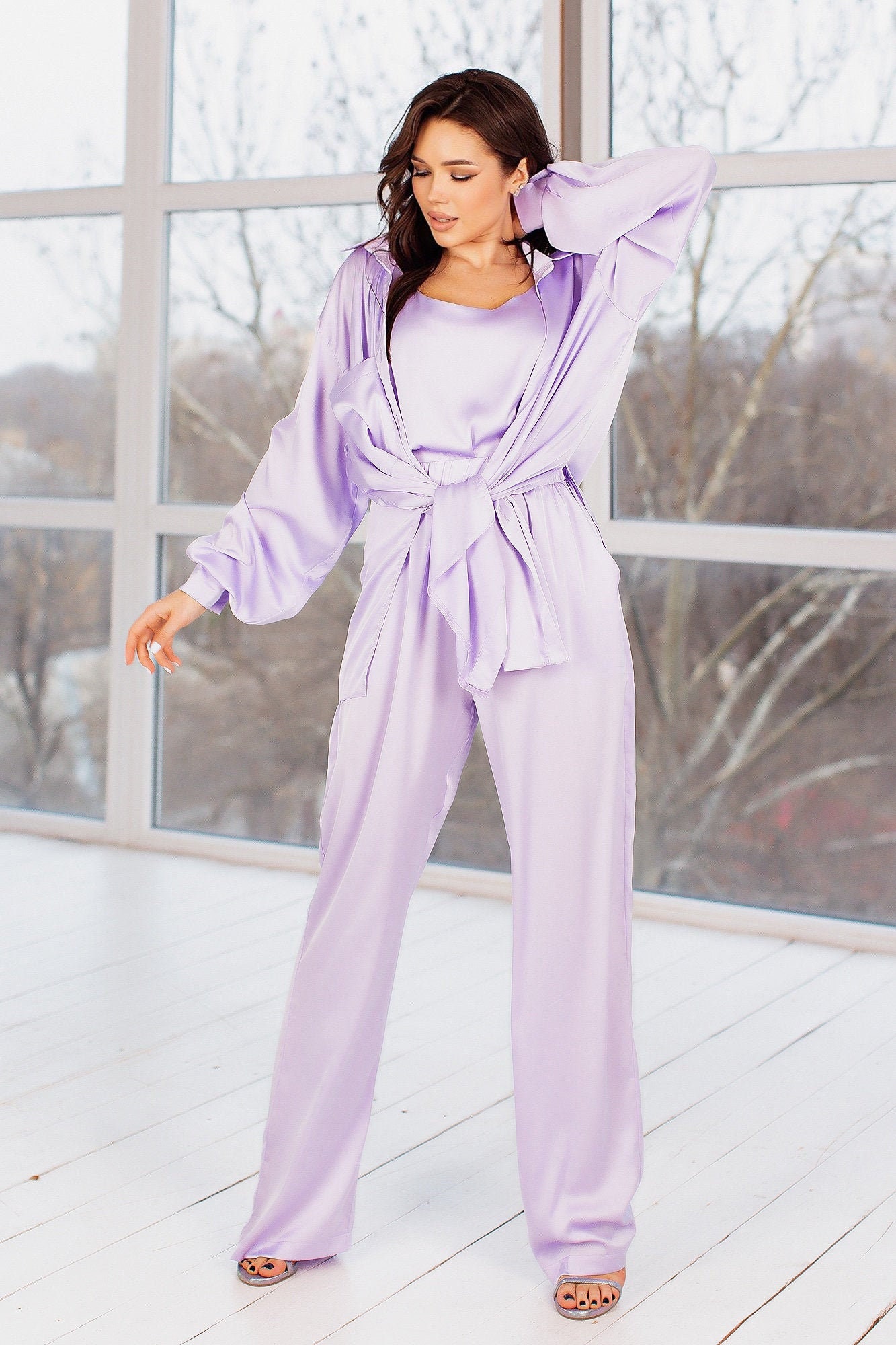 Lavenderi Women's Silk Satin Pajama Pants, Long Sleep Pants with
