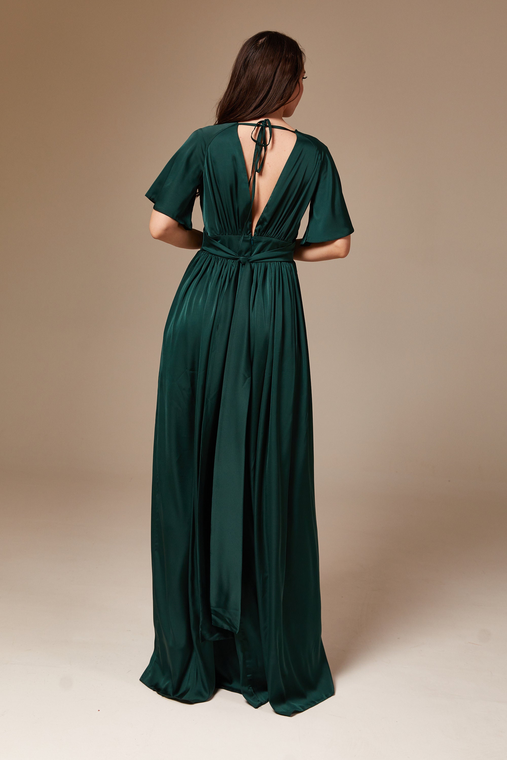 Dark Emerald Green Silk Maxi Dress Bridesmaid Dress Flutter - Etsy