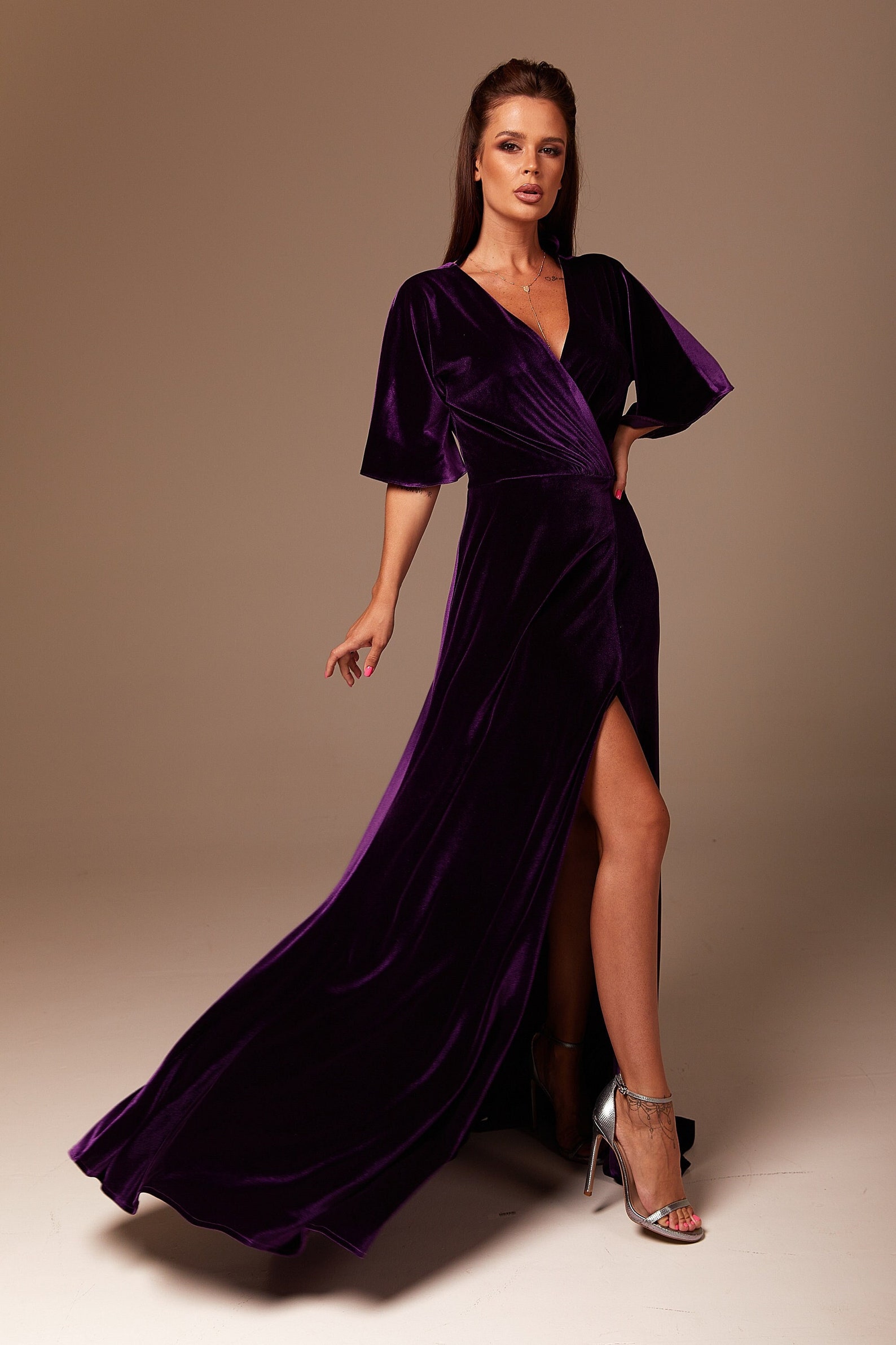 Dark Violet Velvet Maxi Dress Flutter Short Sleevebridesmaid - Etsy