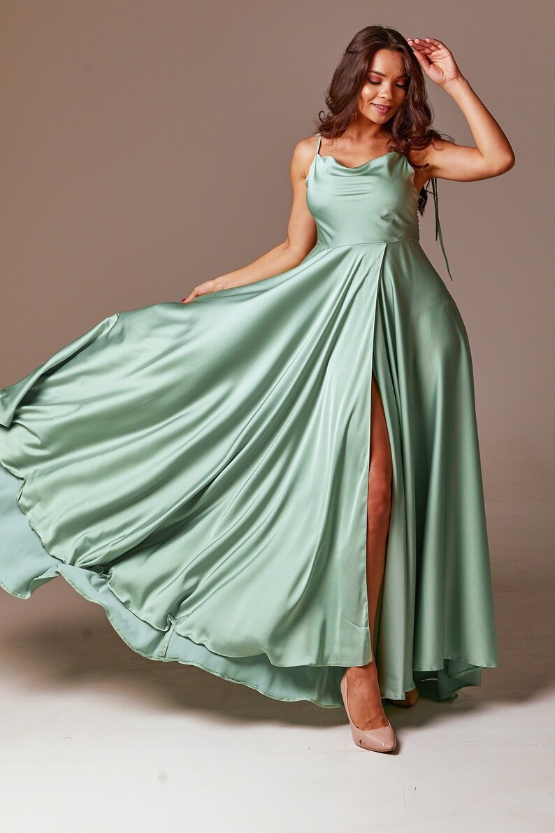 Sage Green Silk Maxi Flared Dress With Slit Sage Bridesmaid Etsy