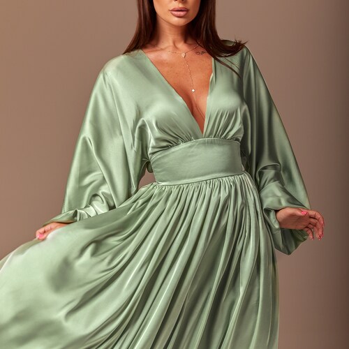 Sage Green Silk Maxi Dress Bridesmaid 