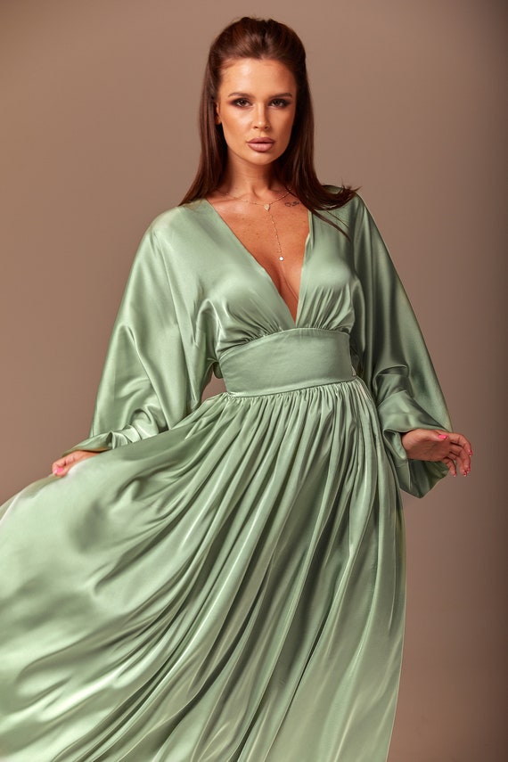 Sage green satin maxi dress with sleeves Dresses Images 2022