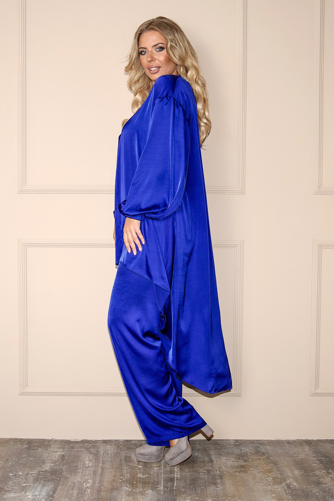 Royal Blue Silk Loose Pantsuit Long Blazer Pants Oversized | Etsy