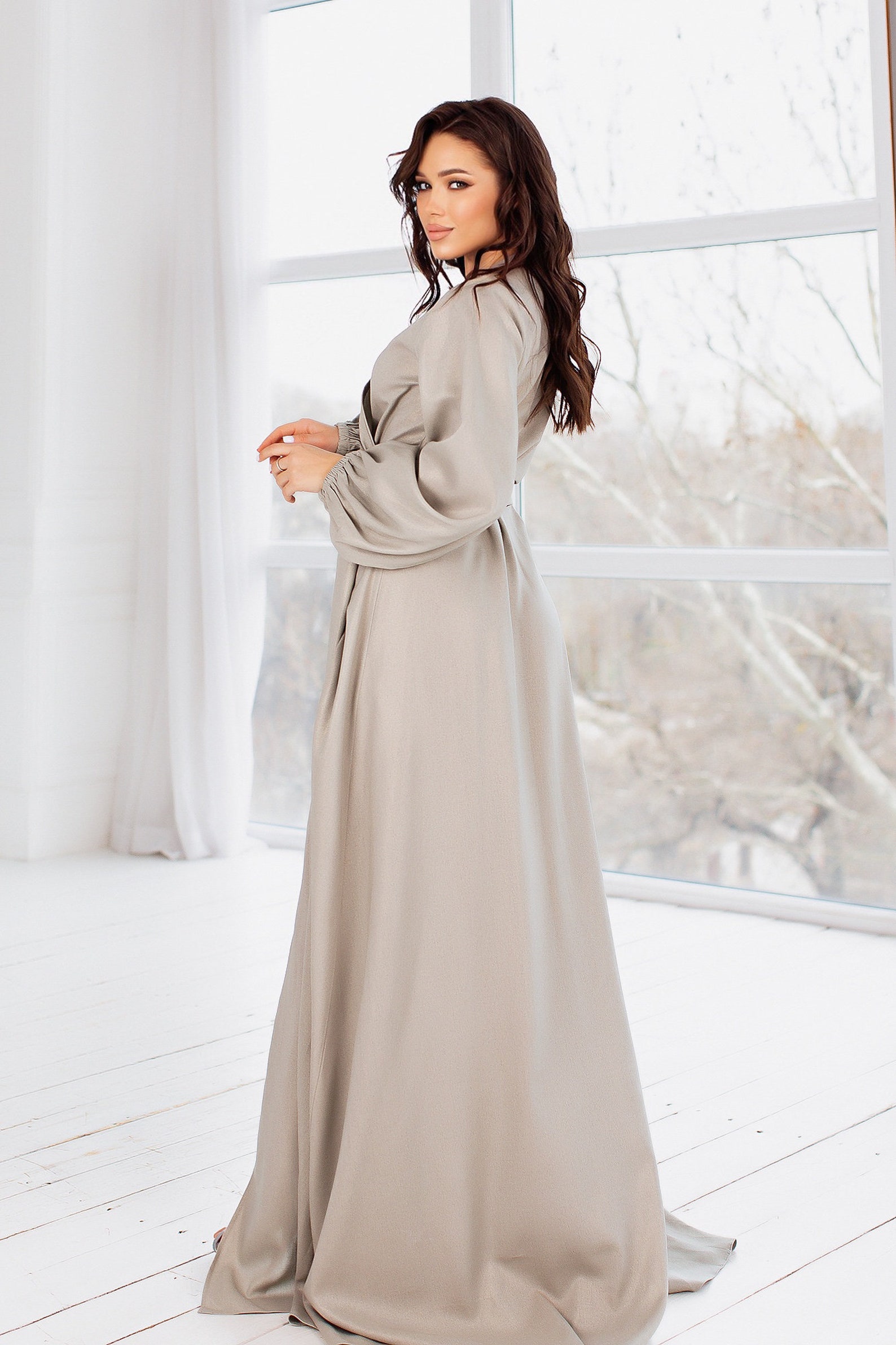 long sleeve linen wrap dress