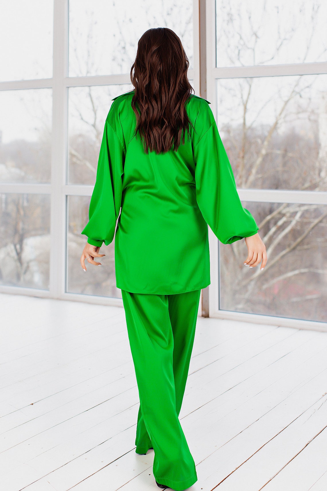 Spring Green Silk Pant Suit for Women Satin Three Piece Etsy