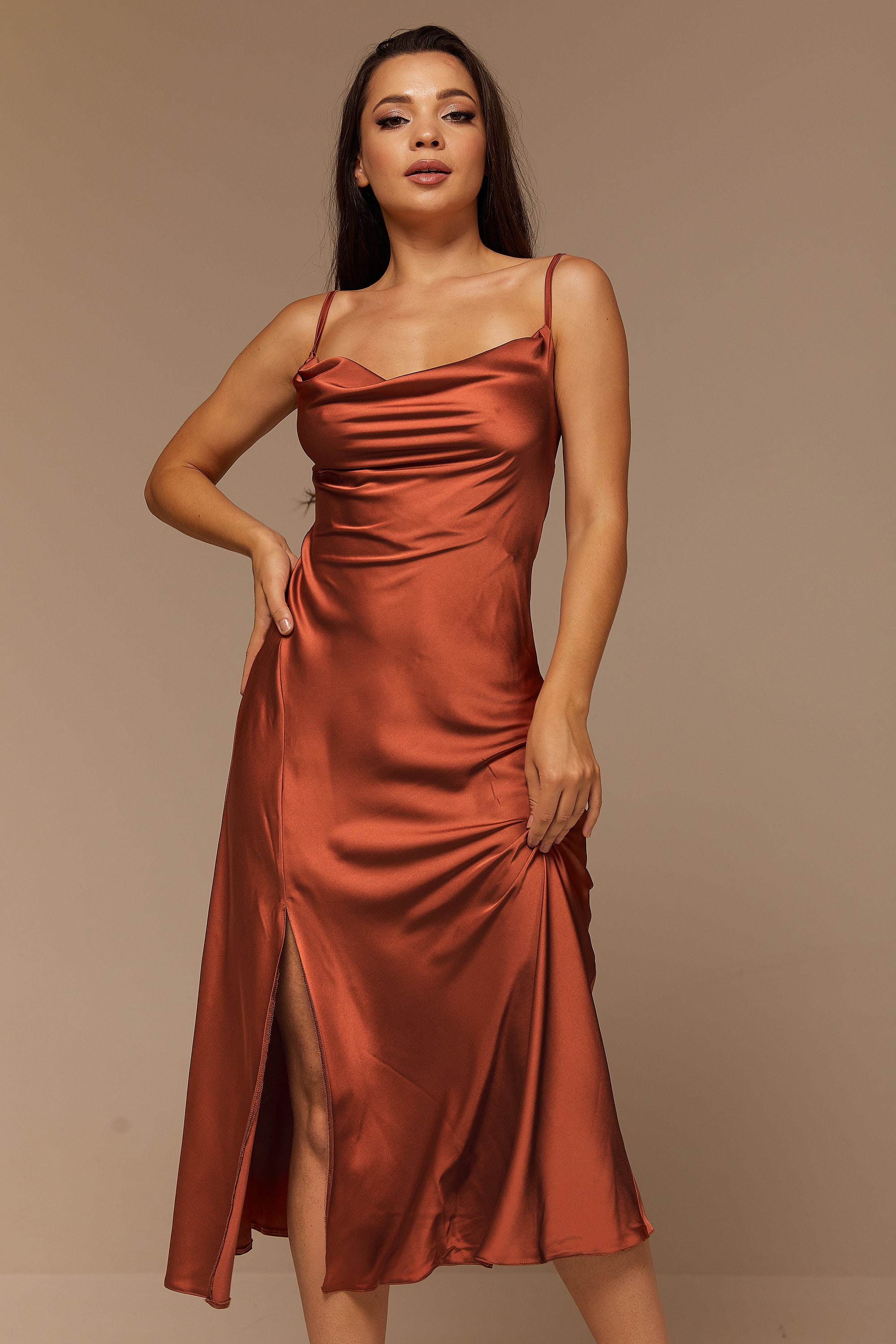 Rust Silk Satin Slip Dress With Slit Bridesmaid Midi Silk Etsy Australia