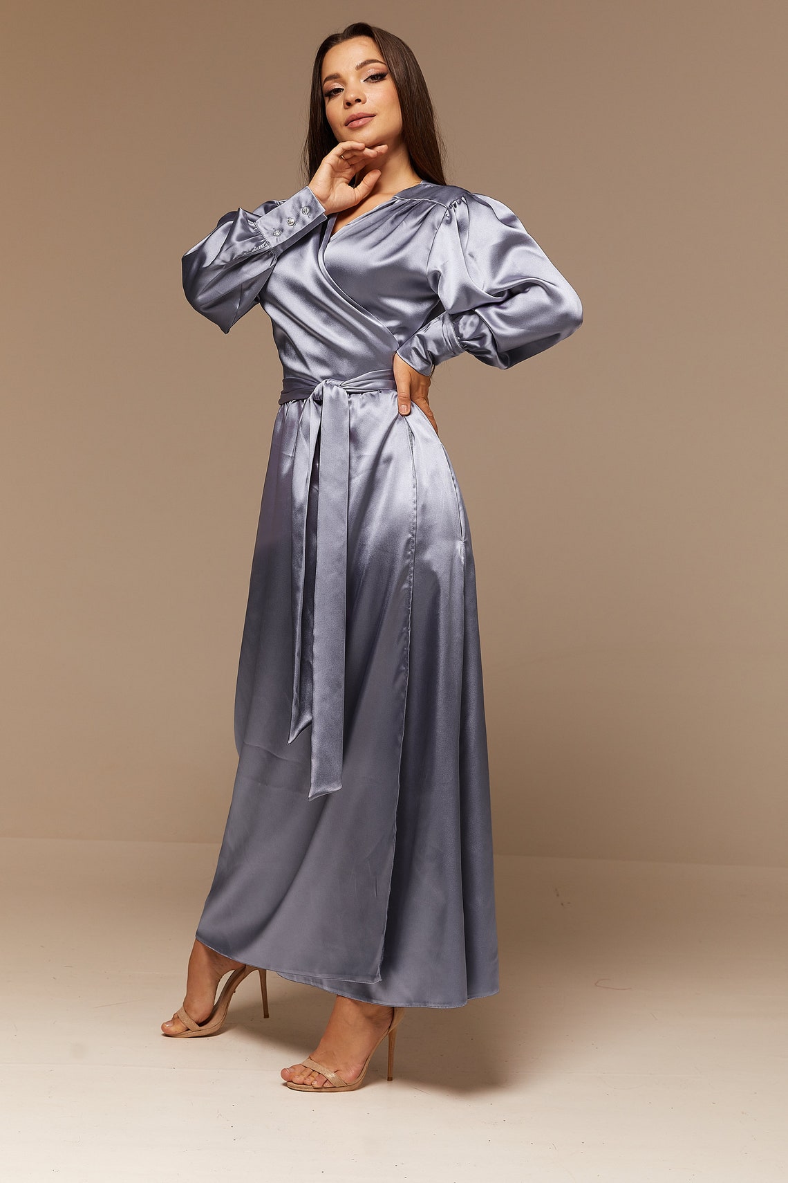 Gray Blue Satin Maxi Full Wrap Dress With Long Sleeves - Etsy