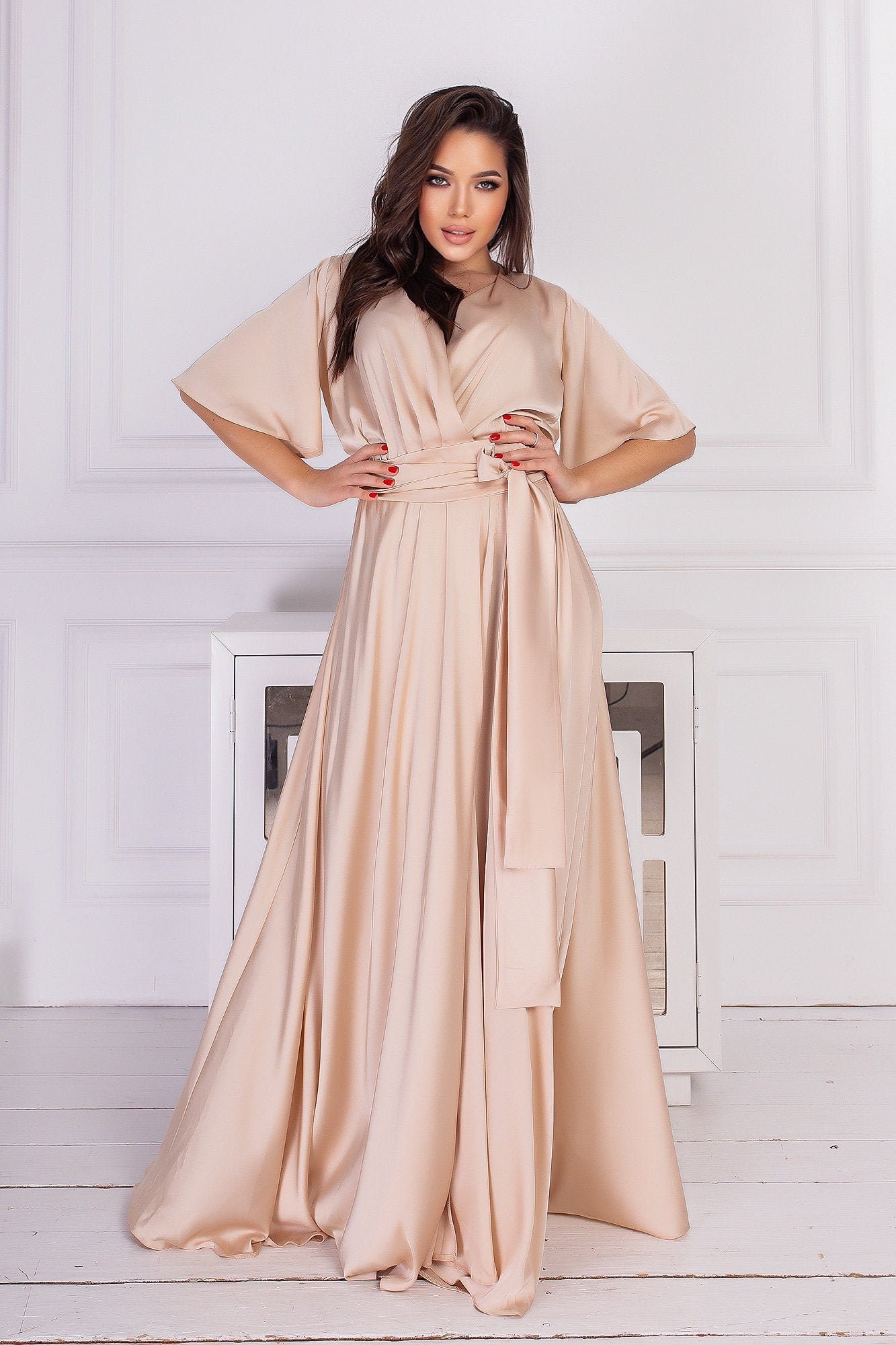 Champagne Silk Bridesmaid Dress Short Sleeve Beige Silk Flared | Etsy