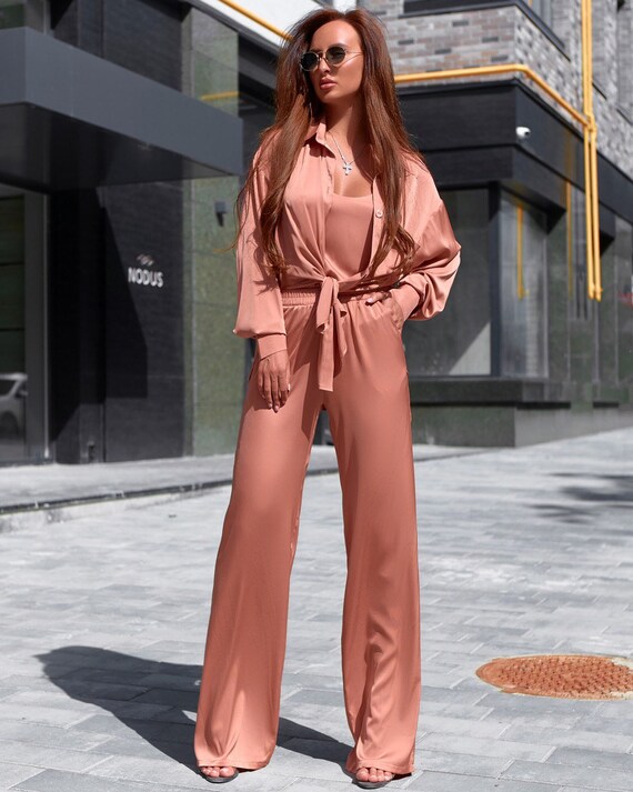 Satin Silk Rose Gold Pant Suit for Women Satin Three Piece - Etsy