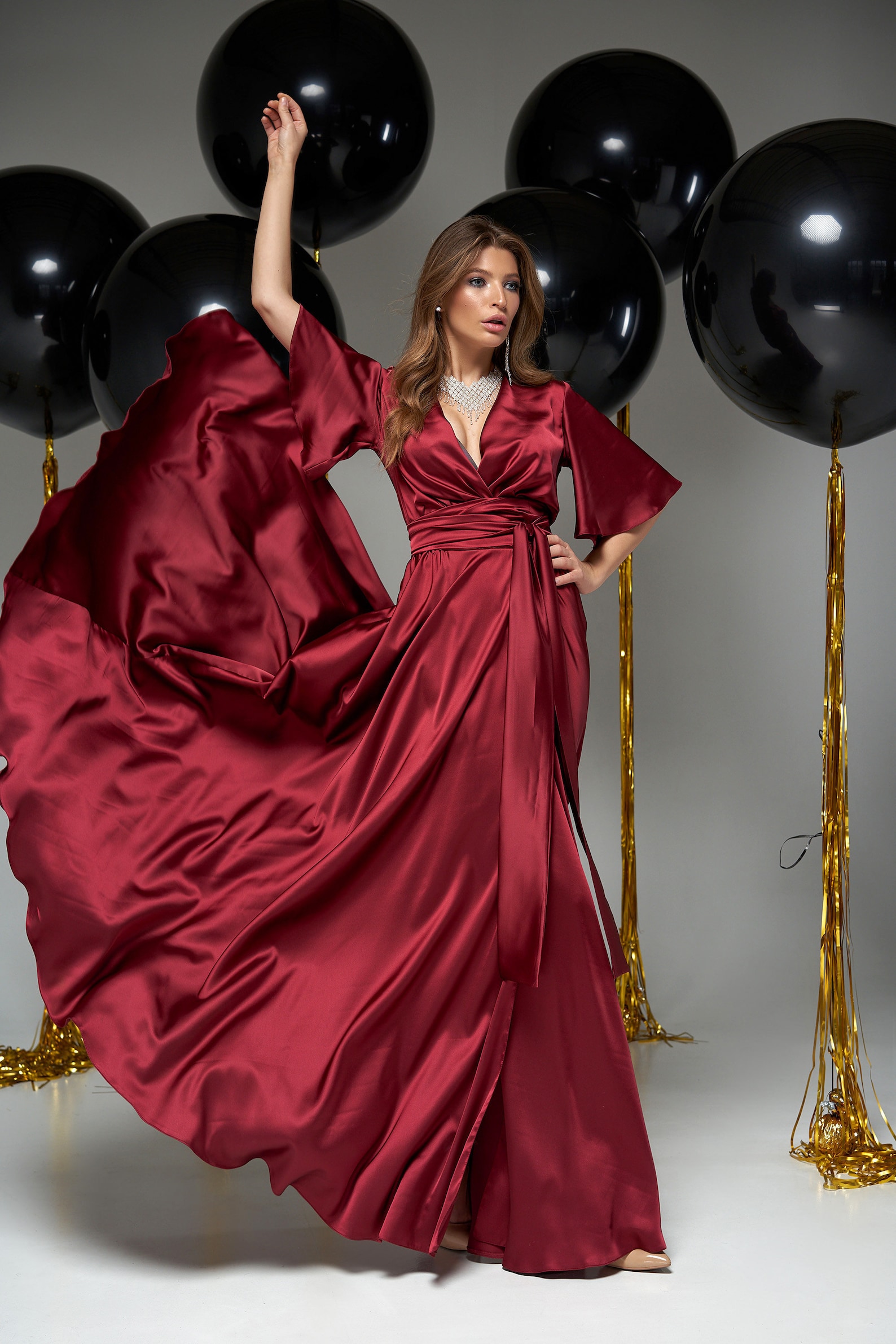 red wine satin dress