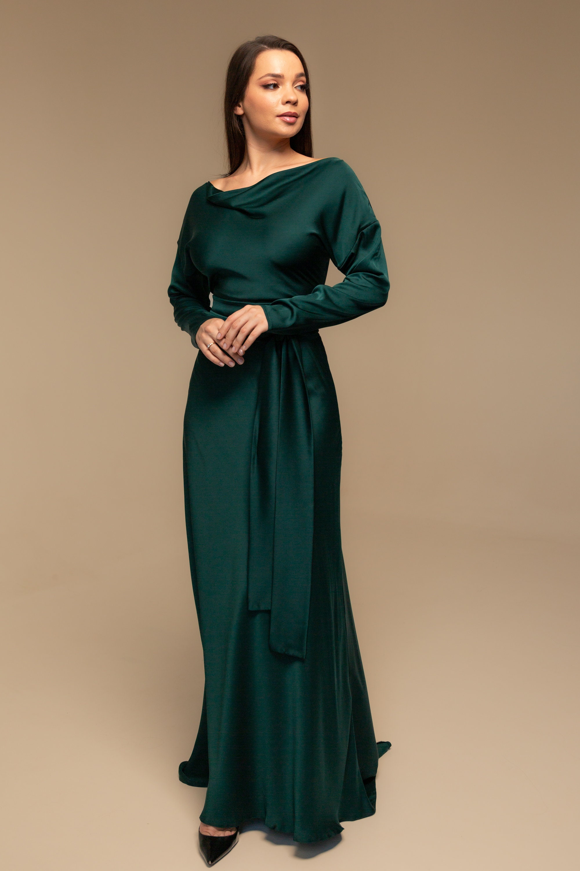 Emerald Green Silk Maxi Dress With Train Emerald Bridesmaid - Etsy UK