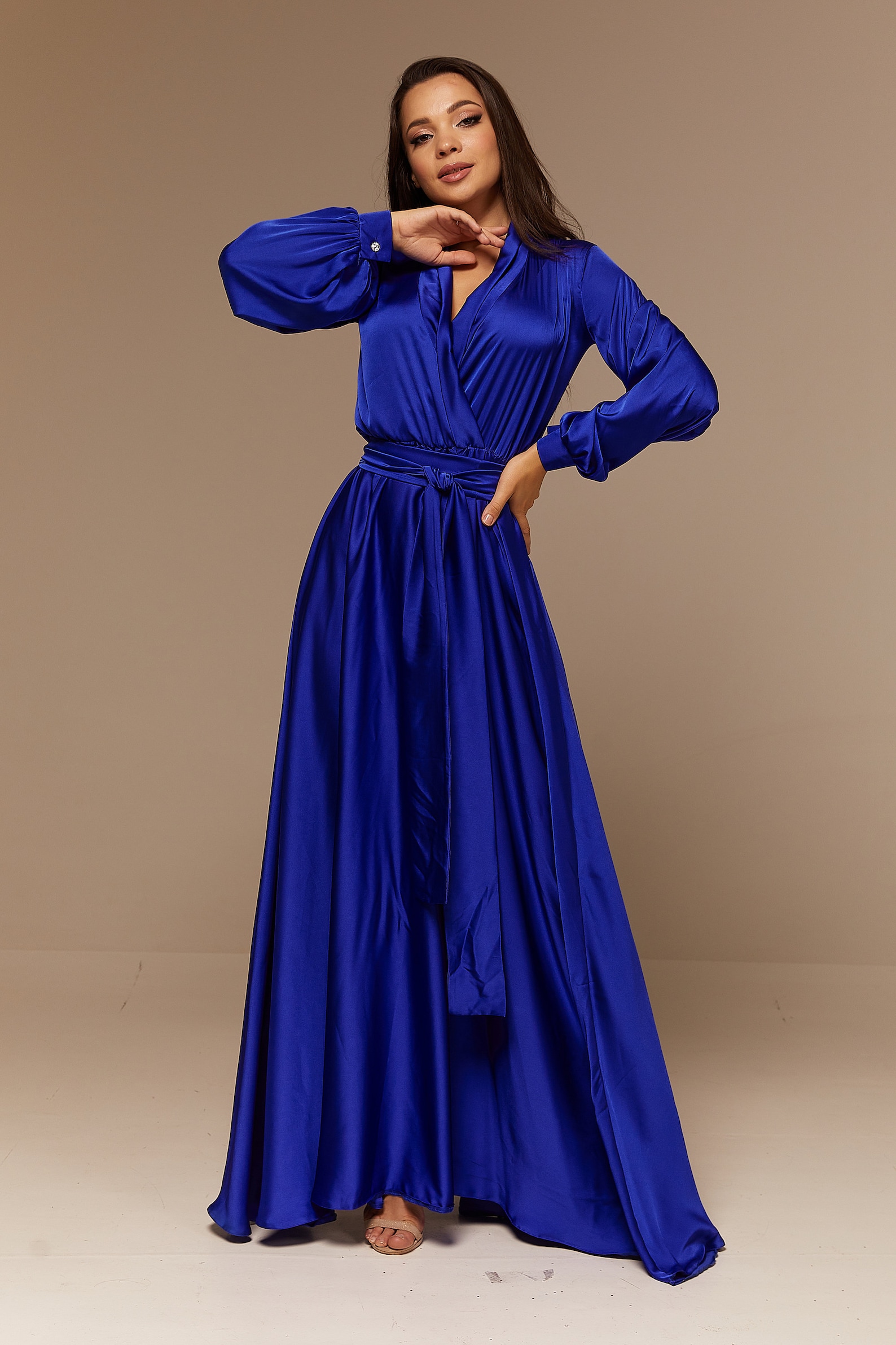 Royal Blue Silk Bridesmaid Dress Long Sleeve Maxi Satin Etsy