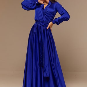 Royal Blue Silk Bridesmaid Dress Long Sleeve, Maxi Satin Flared Dress ...