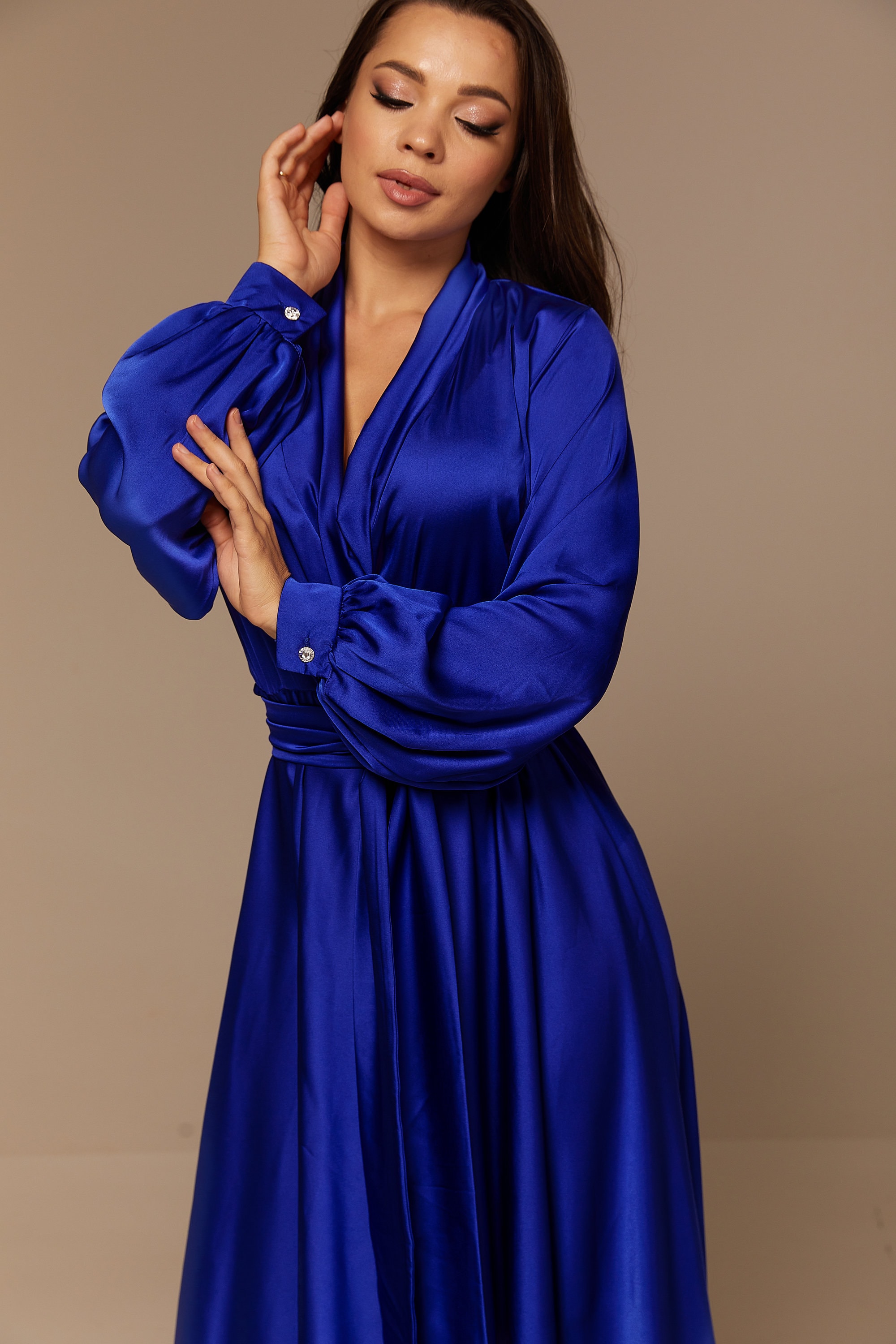 Blue satin long sleeve dress sale