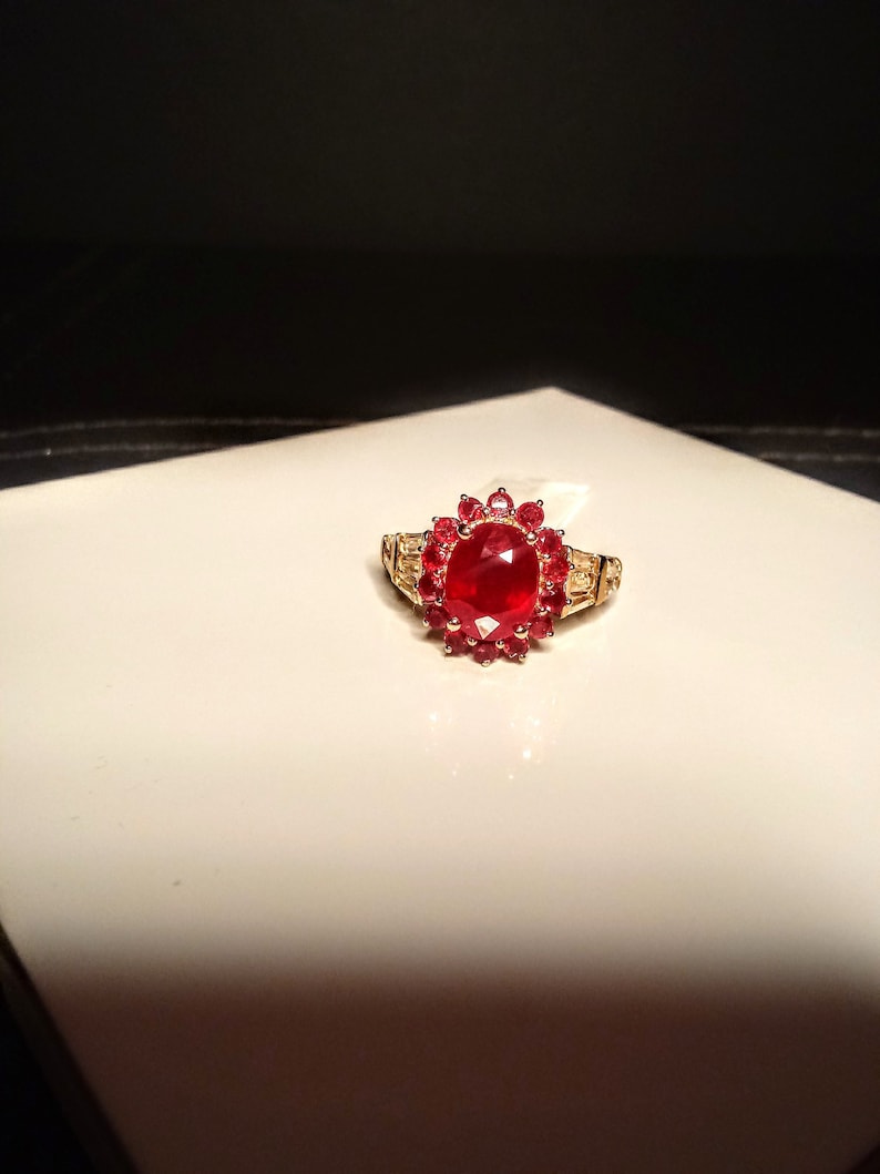 sz African Ruby 7 White Topaz Vermeil RG over Sterling Silver Ring