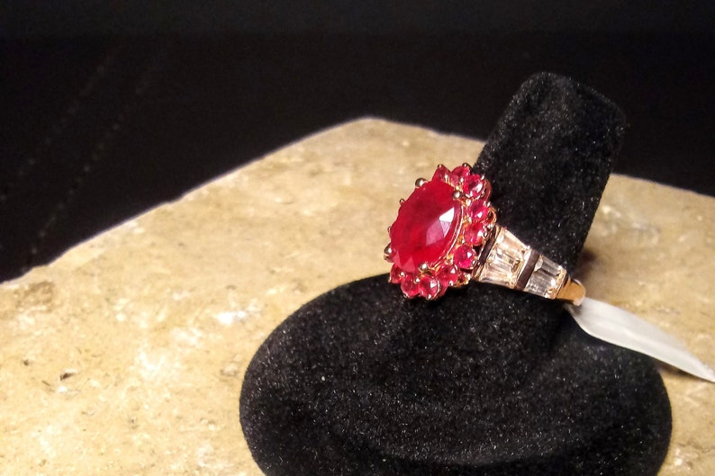 sz African Ruby 7 White Topaz Vermeil RG over Sterling Silver Ring