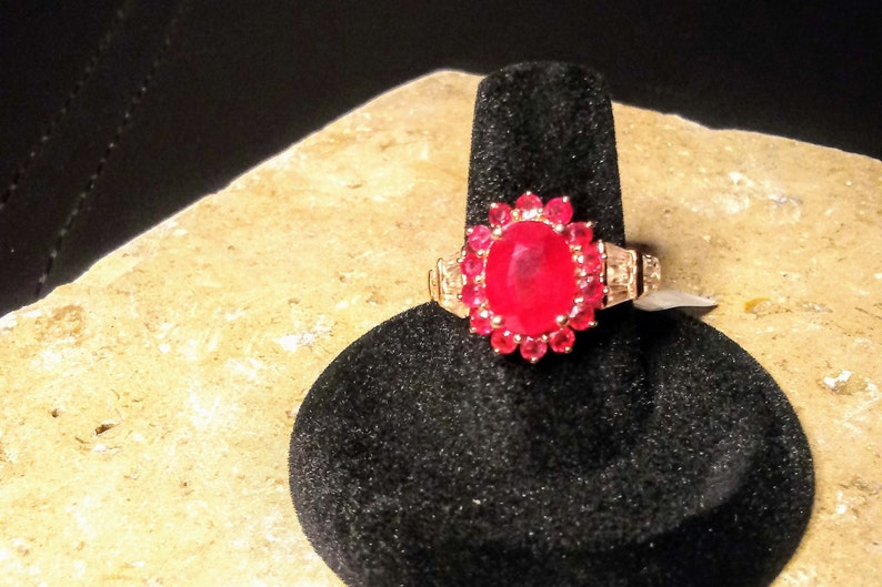 sz African Ruby 7 White Topaz Vermeil RG over Sterling Silver Ring