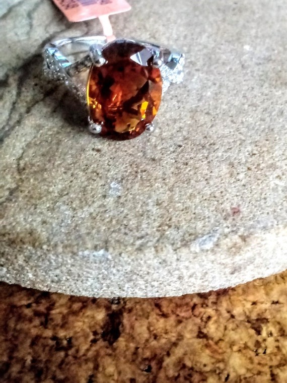Brazilian Red Citrine, zircon solitaire ring in st