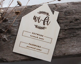 May include: A wooden house-shaped sign with the text "wi-fi" and blank spaces for writing in the network name and password.