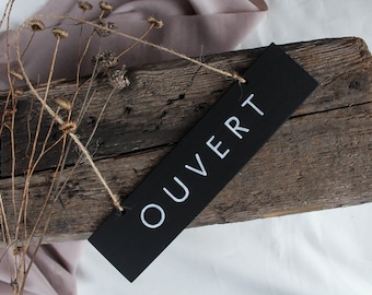 Placa de aberto fechado, placa manuscrita francesa preta e branca, aberta e fechada, para mesa suspensa