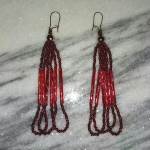 Brand New Red Hot Glitz Handmade Beaded Earrings - Glass Seed & Bugle Beads - Dark Red - Lightweight, Sparkly!